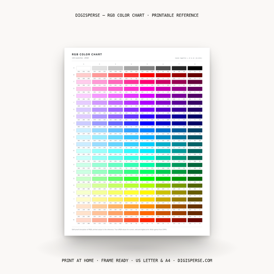RGB-Farbkarte | Druckbare RGB-Wertetabelle mit 184 Farbfeldern als Referenz für Bildschirm- und digitales Design | 0-255 Farbcodes | Digitaler Download